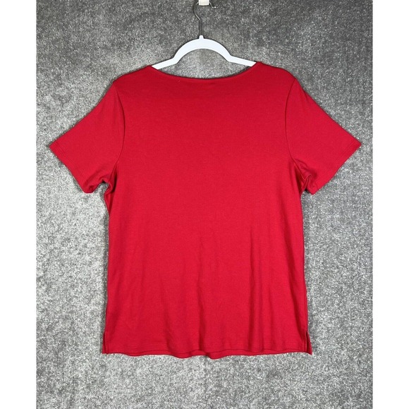 Quacker Factory Short Sleeve Knit Top Seersucker Stripe Pocket Womens Medium Red - Picture 2 of 16